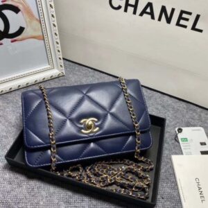 Chanel A80982 Lambskin Wallet On Chain With Gold Navy Blue