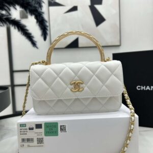 Chanel AP3385 Woc Flap Phone Holder With Chain Lambskin White Gold