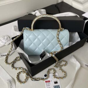 Chanel AP3385 Woc Flap Phone Holder With Chain Lambskin Blue Gold